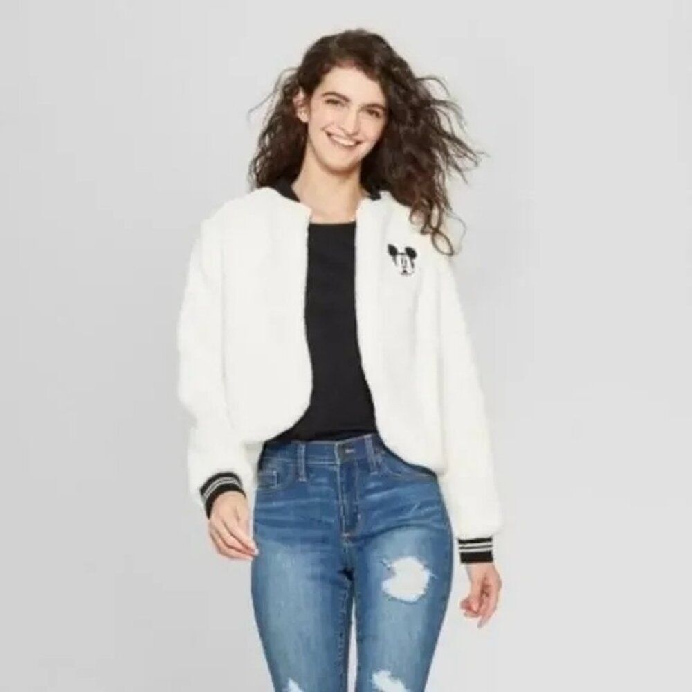 Disney Mickey Mouse 90th Anniversary Faux Fur White Bomber Jacket XL